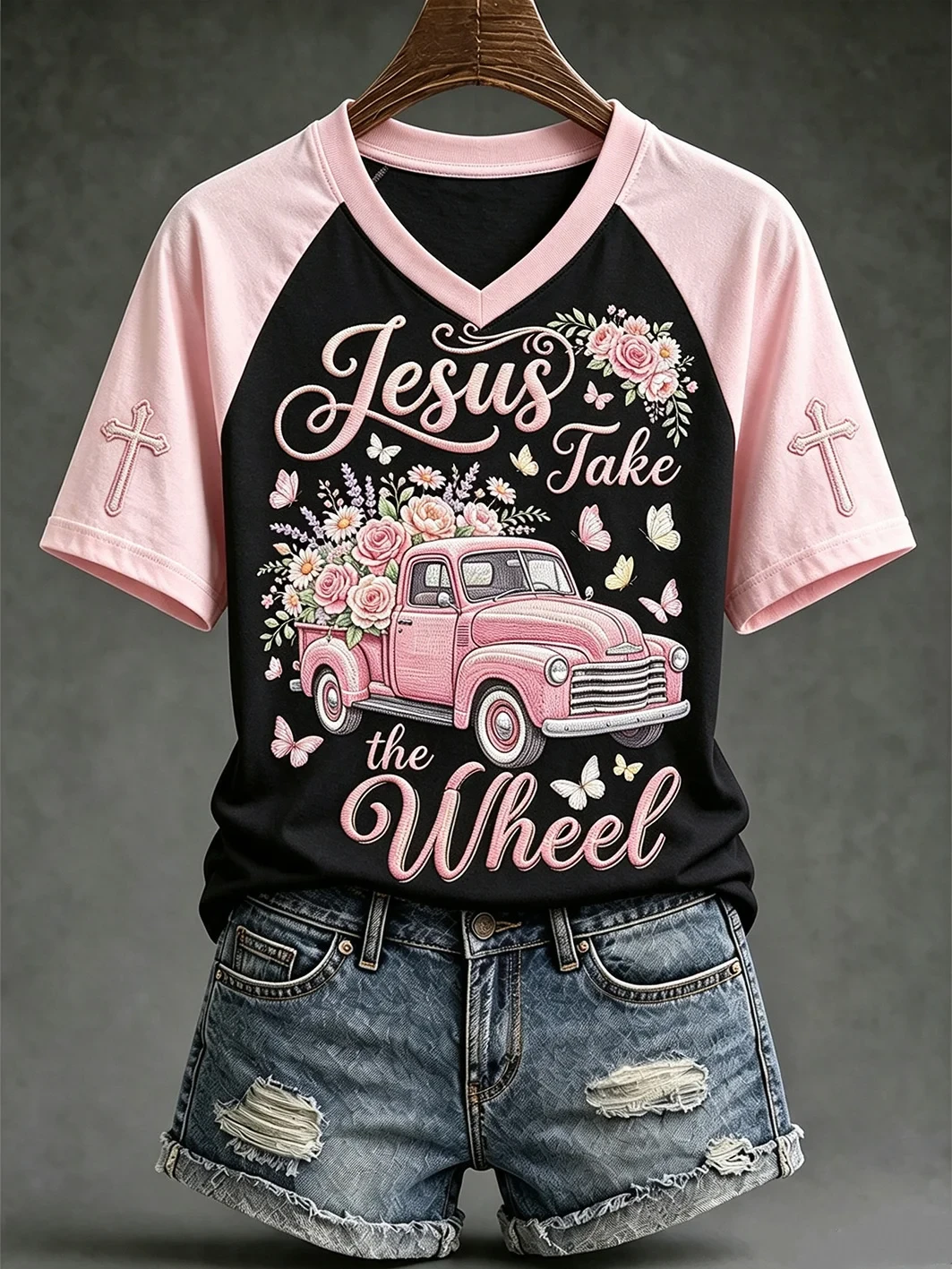 Jesus Take The Wheel V-Neck Shirt Faith-Themed Fun Slogan Pattern Apparel Gifts For Her - Kdjoy