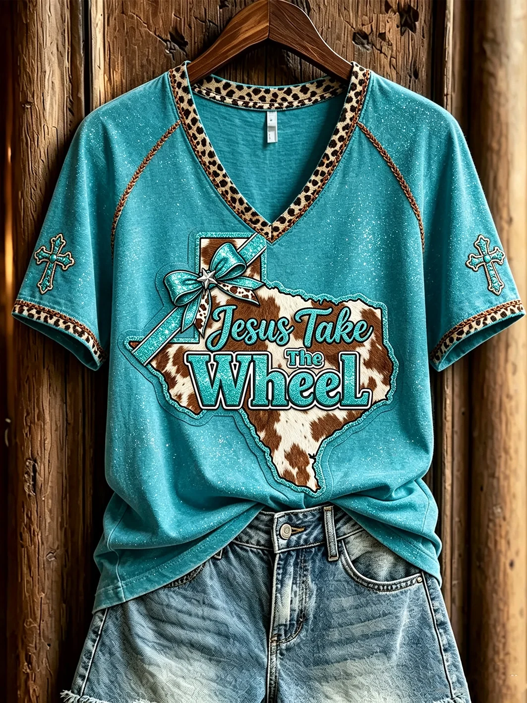 Jesus Take The Wheel V-Neck Shirt Texas Cowhide Leopard Cross Western Clothing Gift For Her - Kdjoy Jesus Take The Wheel V-Neck Shirt Texas Cowhide Leopard Cross Western Clothing Gift For Her - Kdjoy