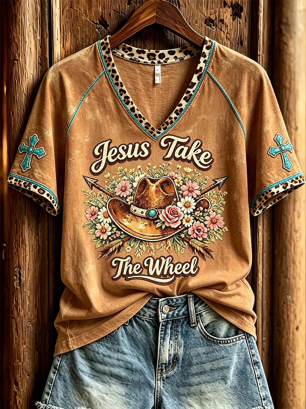 Jesus Take The Wheel V-Neck Shirt Western Themed Christian Clothing Religious Gifts - Kdjoy