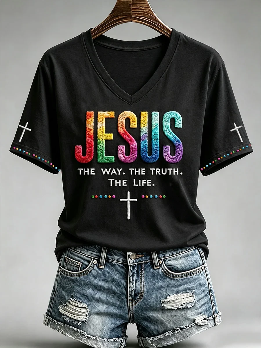 Jesus The Way The Truth The Life V-Neck Shirt Christian Faith Apparel Gifts For Her - Kdjoy