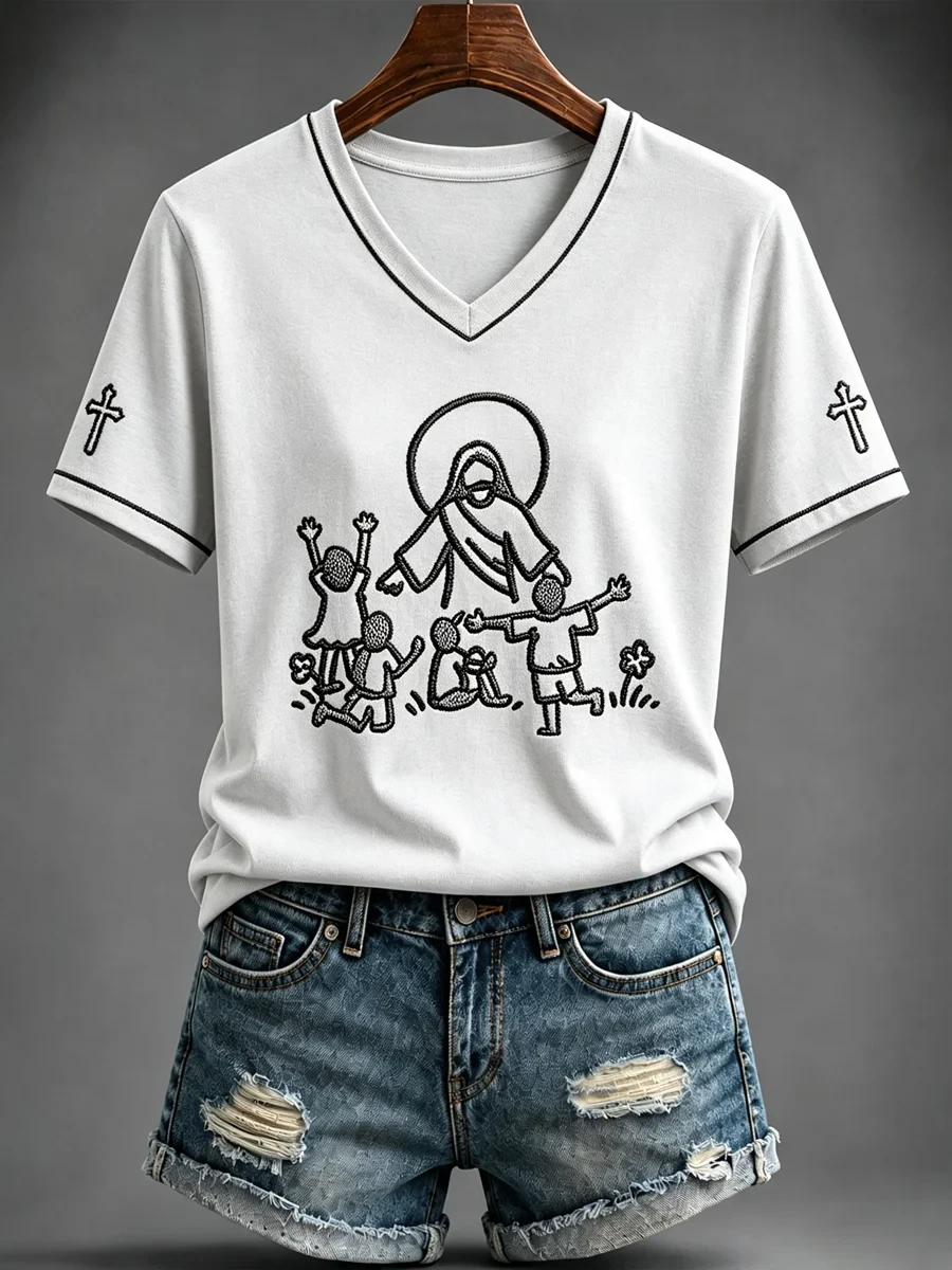 Jesus With Children Line Art Drawings V-Neck Shirt Elevated Faith Apparel Religious Gift Ideas - Kdjoy