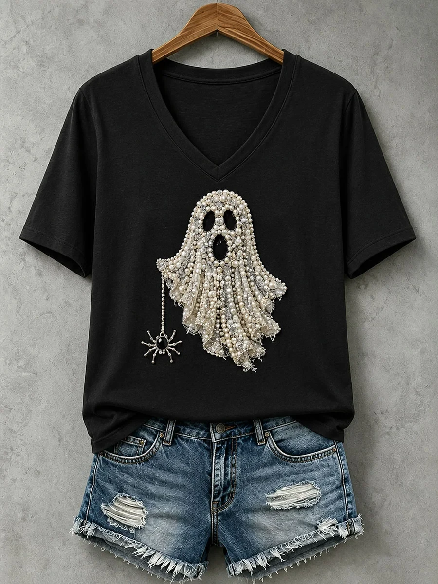 Jewelry Art Ghost V-Neck Shirt Black Women Halloween Clothes Gifts For Ghost Lovers - Kdjoy