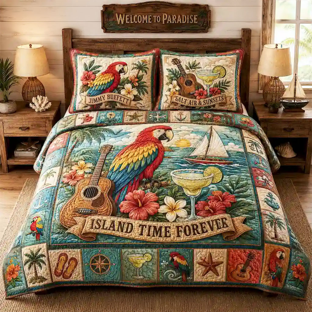 Jimmy Buffett Island Time Forever Quilt Bedding Set Tropical Themed Decor Jimmy Buffett Merch - Kdjoy