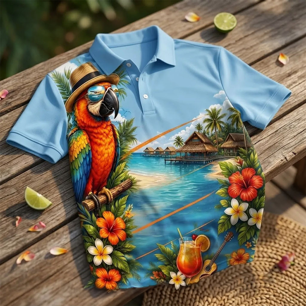 Jimmy Buffett Margaritaville Retired Blue Polo Shirt Tropical Themed Polos Jimmy Buffett Merch - Kdjoy