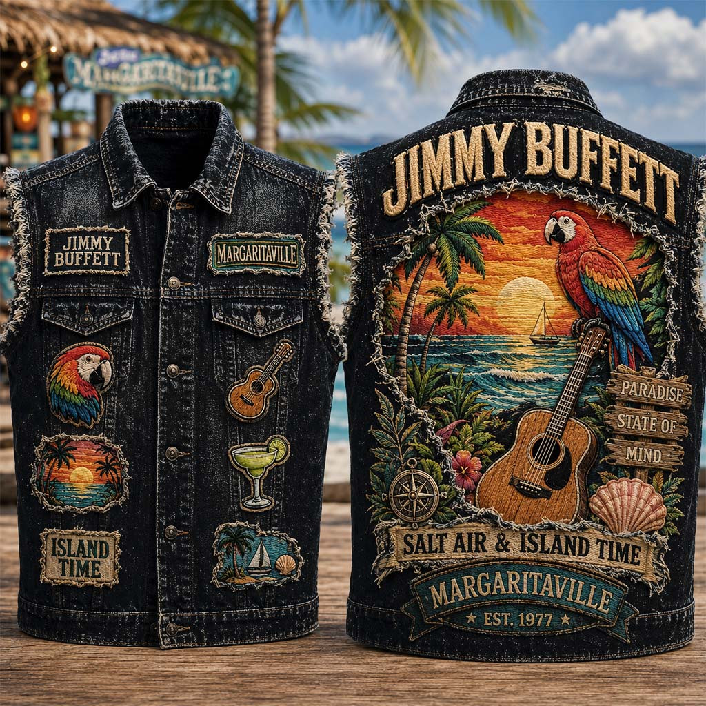 Jimmy Buffett Margaritaville Salt Air And Island Time Denim Vest Jimmy Buffett Merch Fan Gifts - Kdjoy