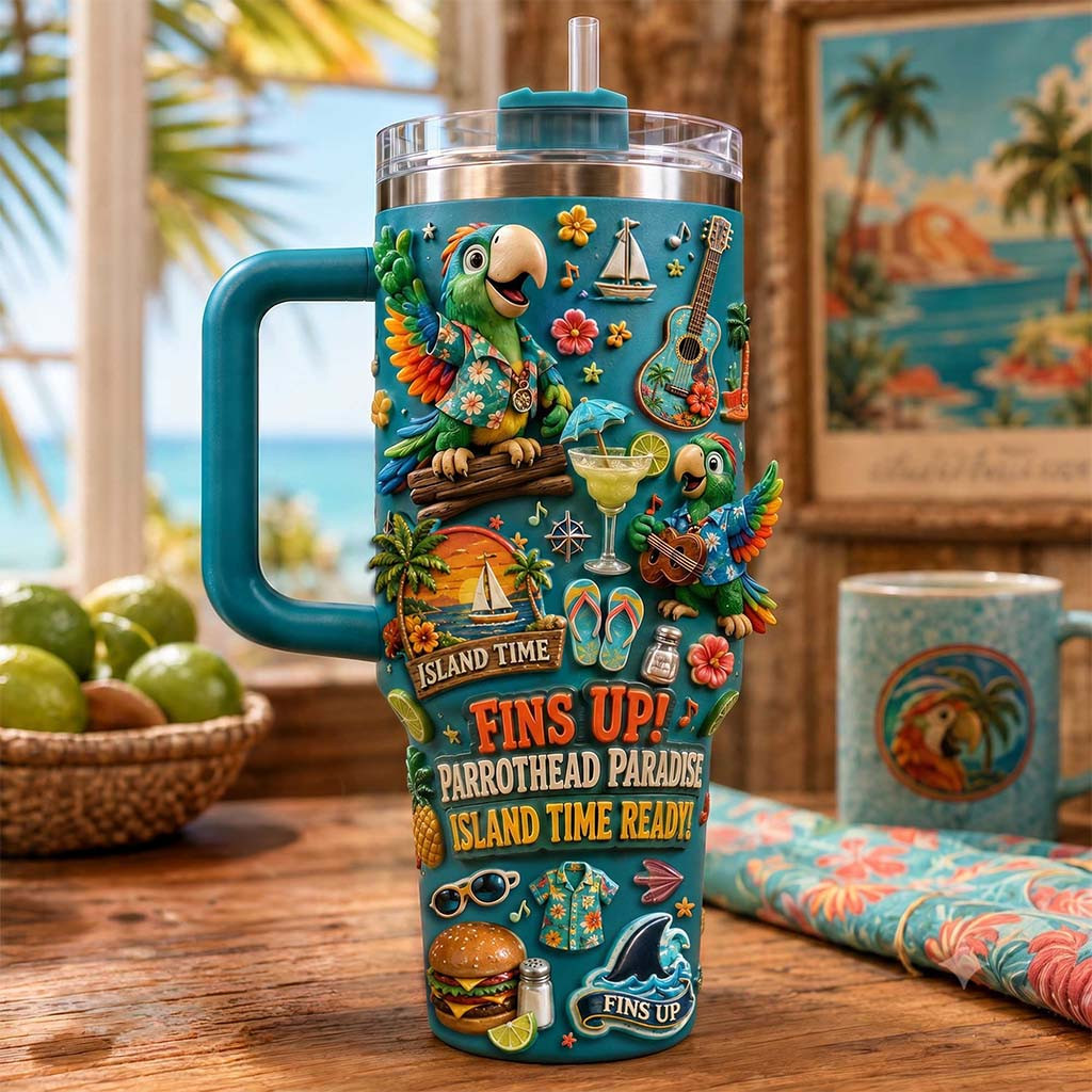 Jimmy Buffett Merch Island Time Fins Up Parrothead Paradise Island Time Ready Tumbler - Kdjoy