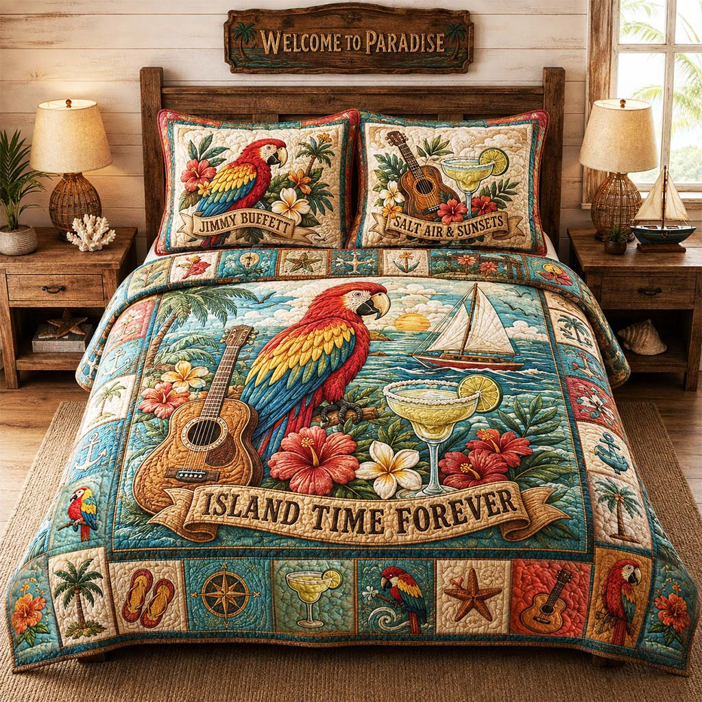 Jimmy Buffett Merch Island Time Forever Quilt Bedding Set Best Gifts For Music Lovers - Kdjoy