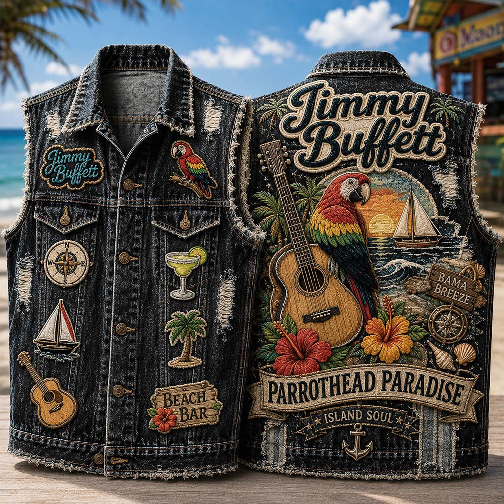 Jimmy Buffett Parrothead Paradise Denim Vest Island Soul Jimmy Buffett Merch Fan Gifts - Kdjoy
