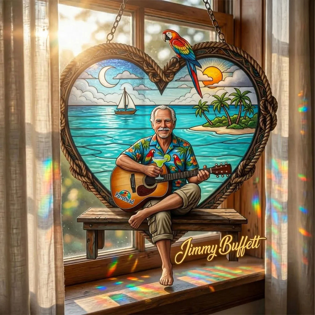 Jimmy Buffett Tropical Parrot Wood Heart Suncatcher Window Hanging Decor Jimmy Buffett Merch - Kdjoy