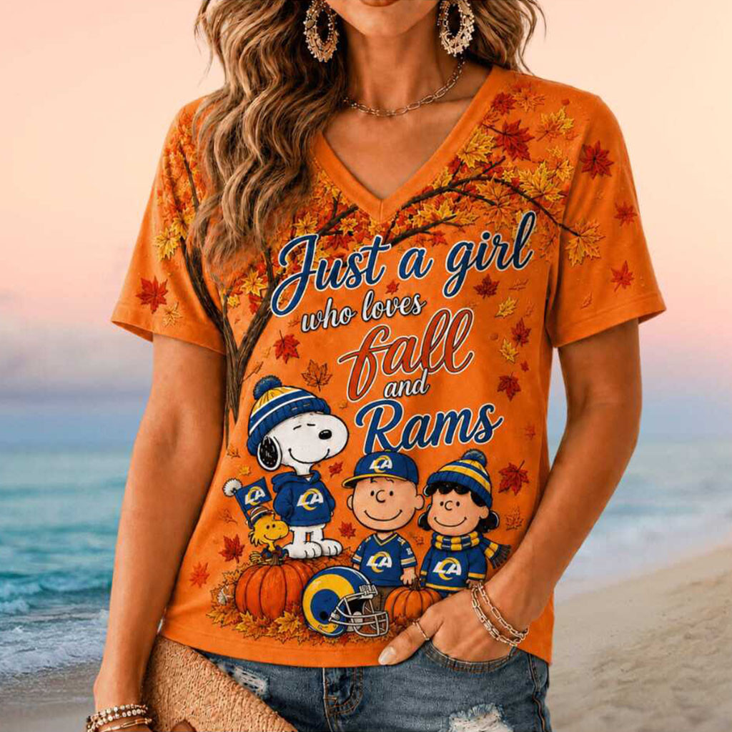 Just A Girl Who Loves Fall And Rams Peanuts Characters V-Neck Shirt LA Rams Merch Fan Gifts - Kdjoy