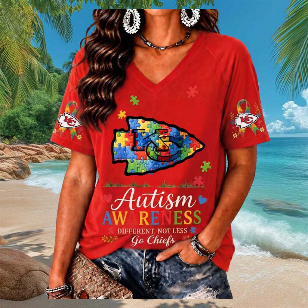 Kansas City Chiefs Autism Awareness Different Not Less V-Neck Shirt KC Chiefs Merch Fan Gifts - Kdjoy