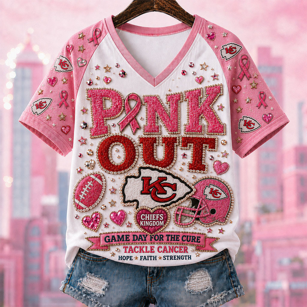 Kansas City Chiefs Breast Cancer Awareness V-Neck T-Shirt Pink Out Game Day For Cure Chiefs Merch Kansas City Chiefs Breast Cancer Awareness V-Neck T-Shirt Pink Out Game Day For Cure Chiefs Merch
