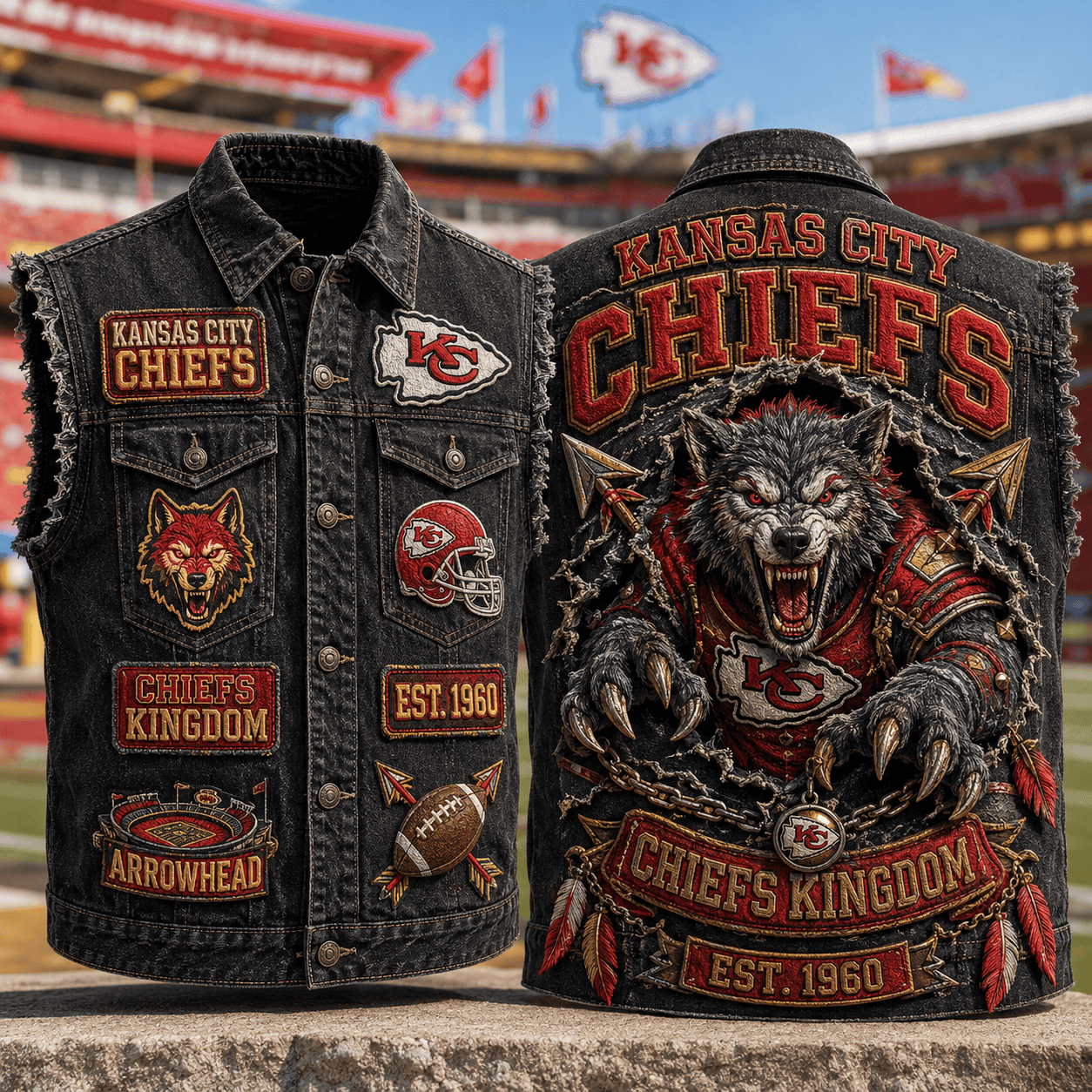 Kansas City Chiefs Merch Chiefs Kingdom Est 1960 Denim Vest Gifts For Football Fan - Kdjoy Kansas City Chiefs Merch Chiefs Kingdom Est 1960 Denim Vest Gifts For Football Fan - Kdjoy