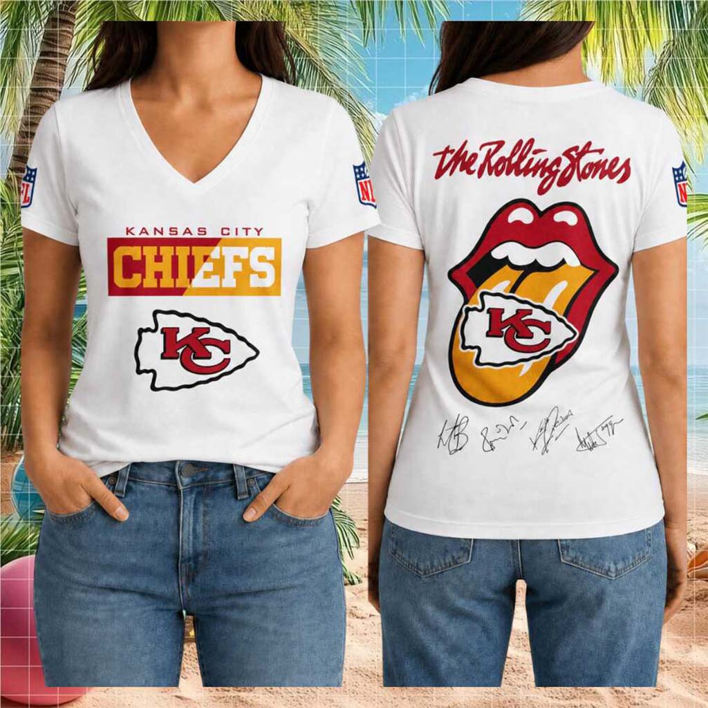 Kansas City Chiefs Rolling Stones Band Logo Football V-Neck Shirt KC Chiefs Merch Fan Apparel - Kdjoy