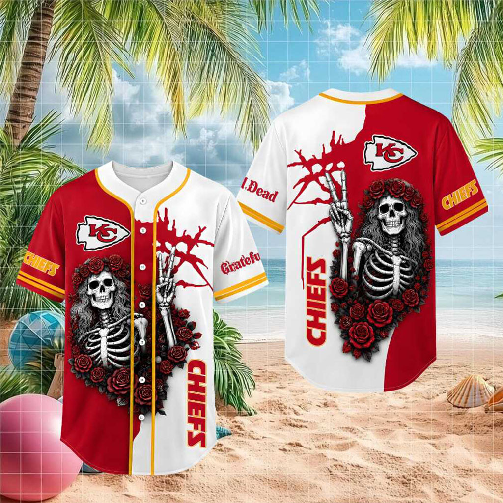 Kansas City Chiefs Skeleton Grateful Roses Baseball Jersey Chiefs Merch Gifts For Dad - Kdjoy