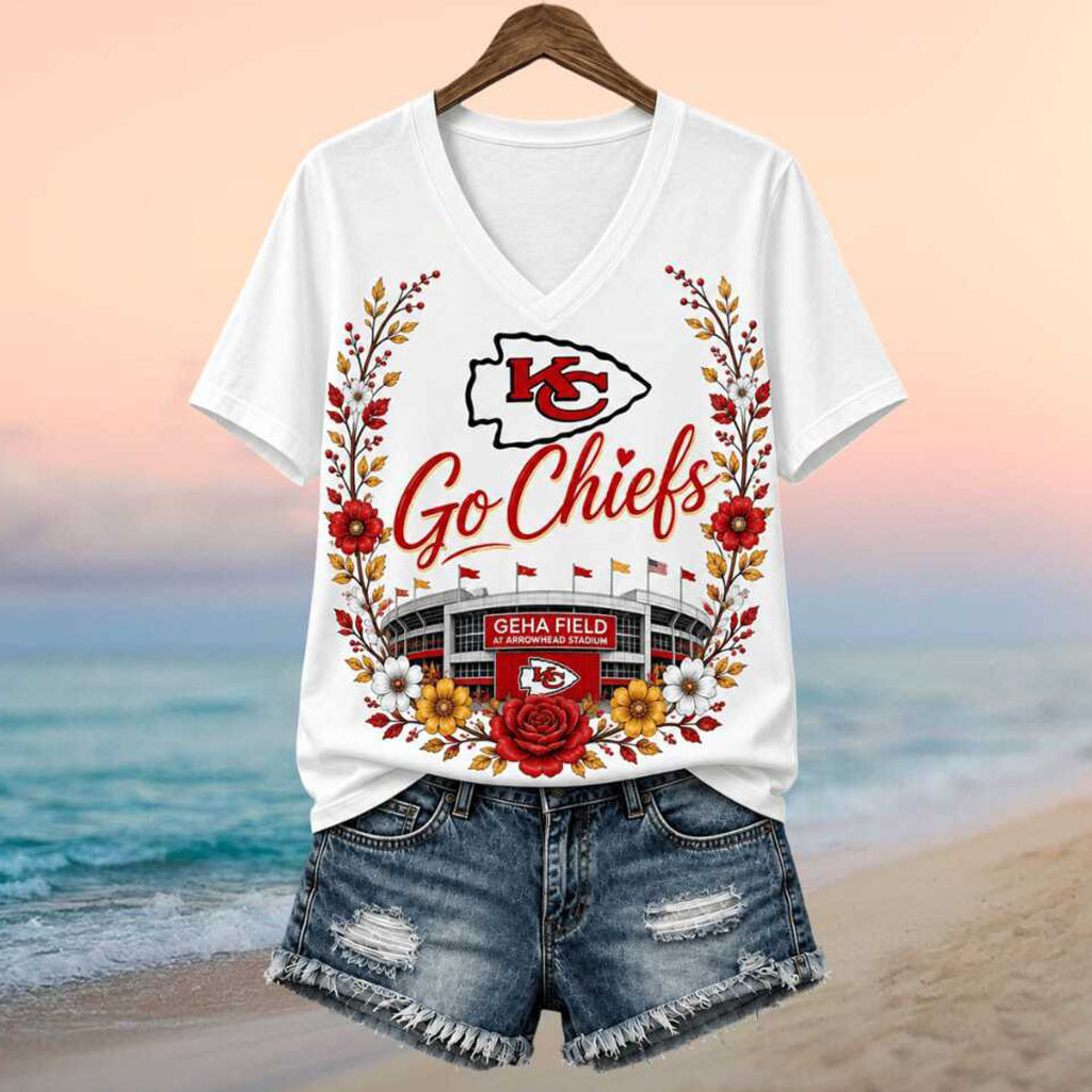 Kansas City Chiefs Stadium Floral Wreath Go Chiefs Football V-Neck Shirt KC Chiefs Merch - Kdjoy