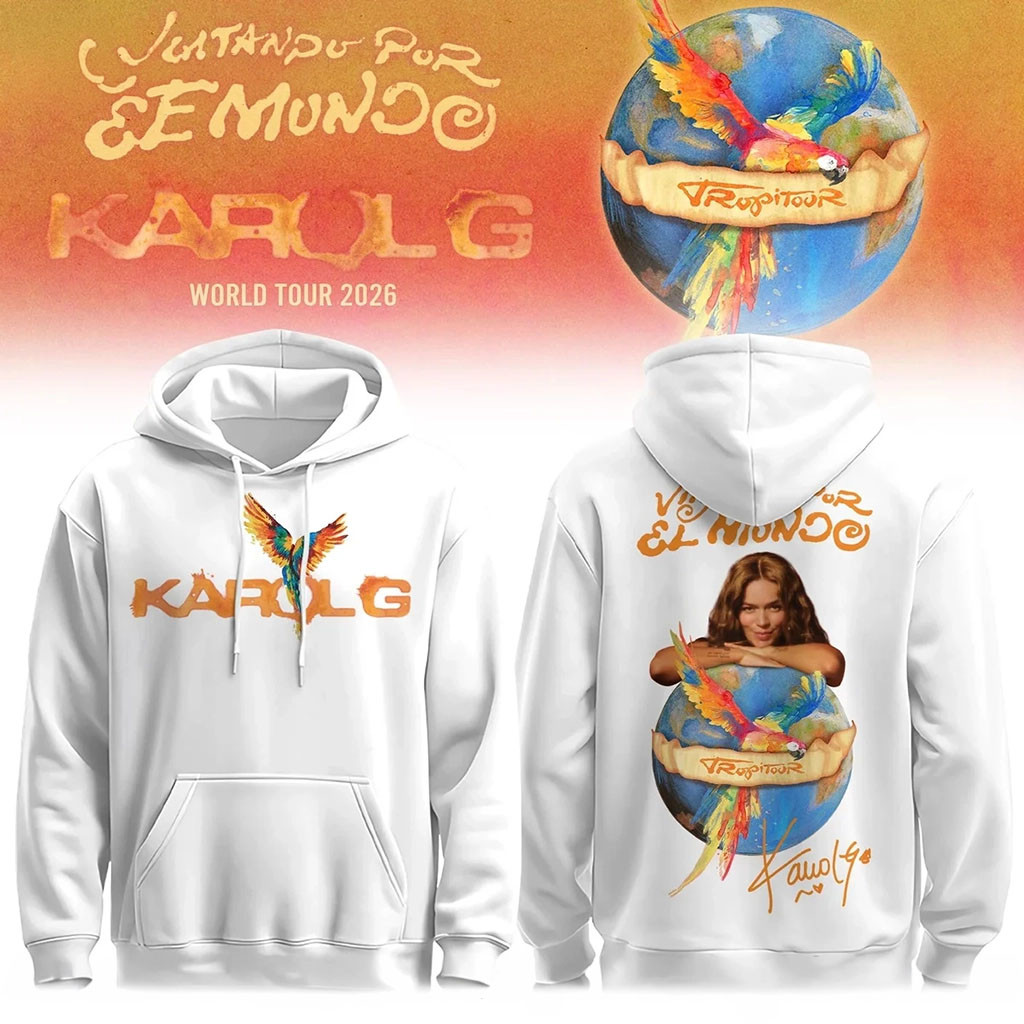 Karol G Viajando Por El Mundo Tropitour 2026 Hoodie Karol G Merch White Fan Apparel - Kdjoy