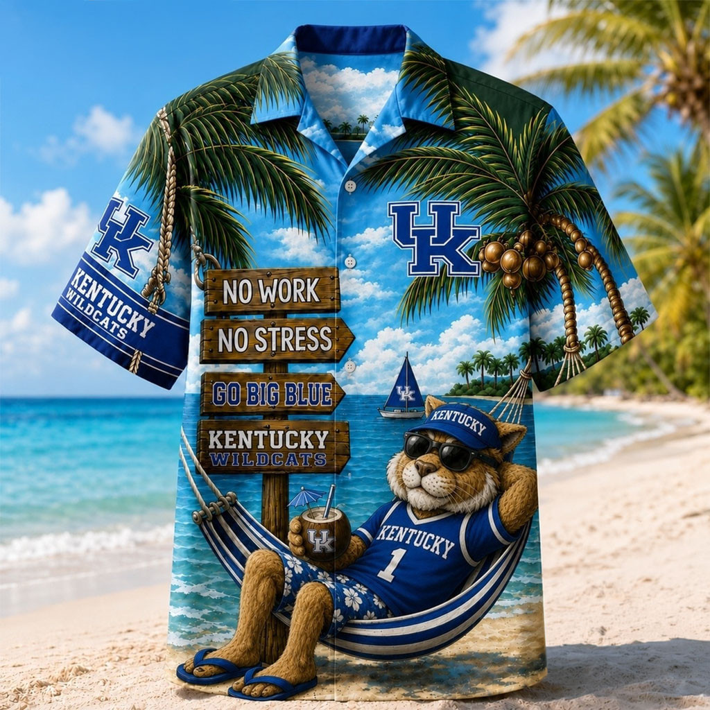 Kentucky Wildcats No Work No Stress Hawaiian Shirt Go Big Blue Kentucky Wildcats Merch 2026 - Kdjoy