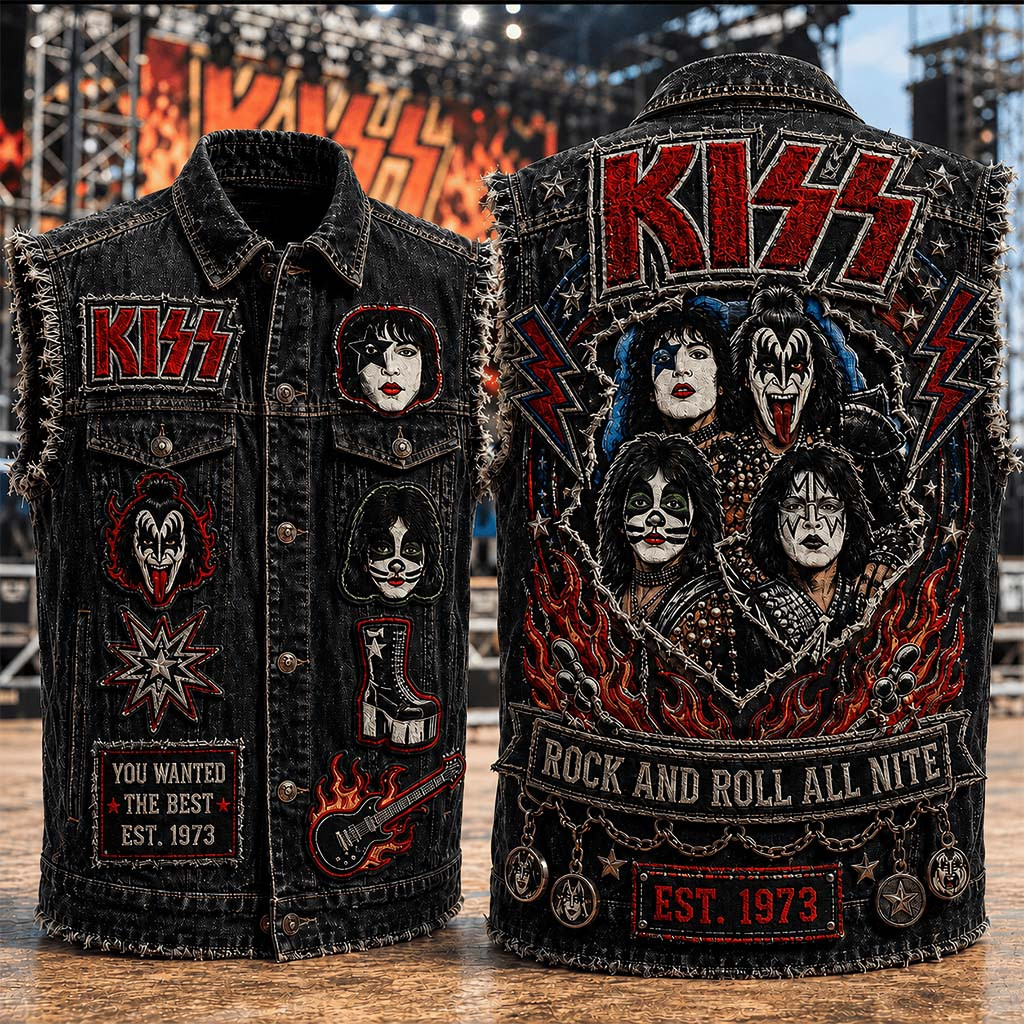 KISS Rock And Roll All Nite Denim Vest You Wanted The Best KISS Band Merch Gift For Music Fans - Kdjoy KISS Rock And Roll All Nite Denim Vest You Wanted The Best KISS Band Merch Gift For Music Fans - Kdjoy