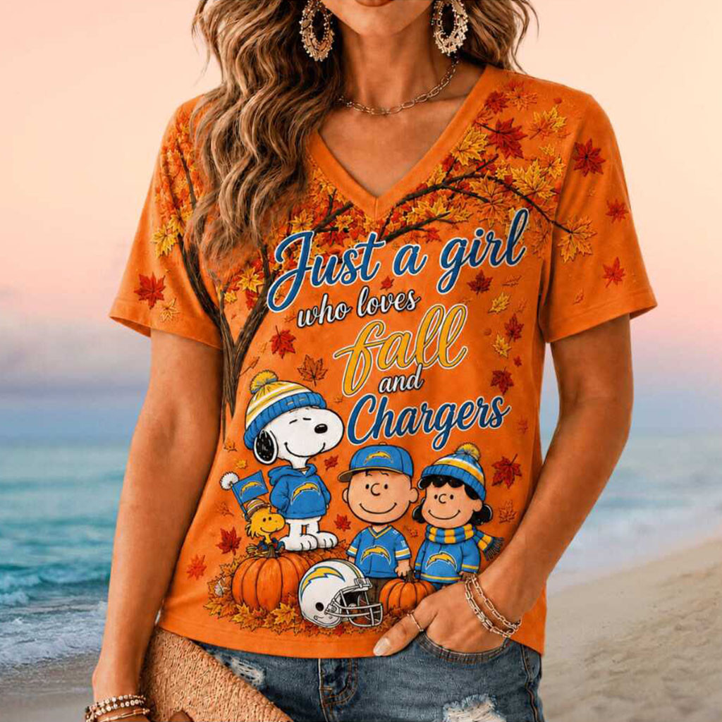 LA Chargers x Snoopy Peanuts Autumn V-Neck Shirt Just A Girl Who Loves Fall And Chargers Merch - Kdjoy