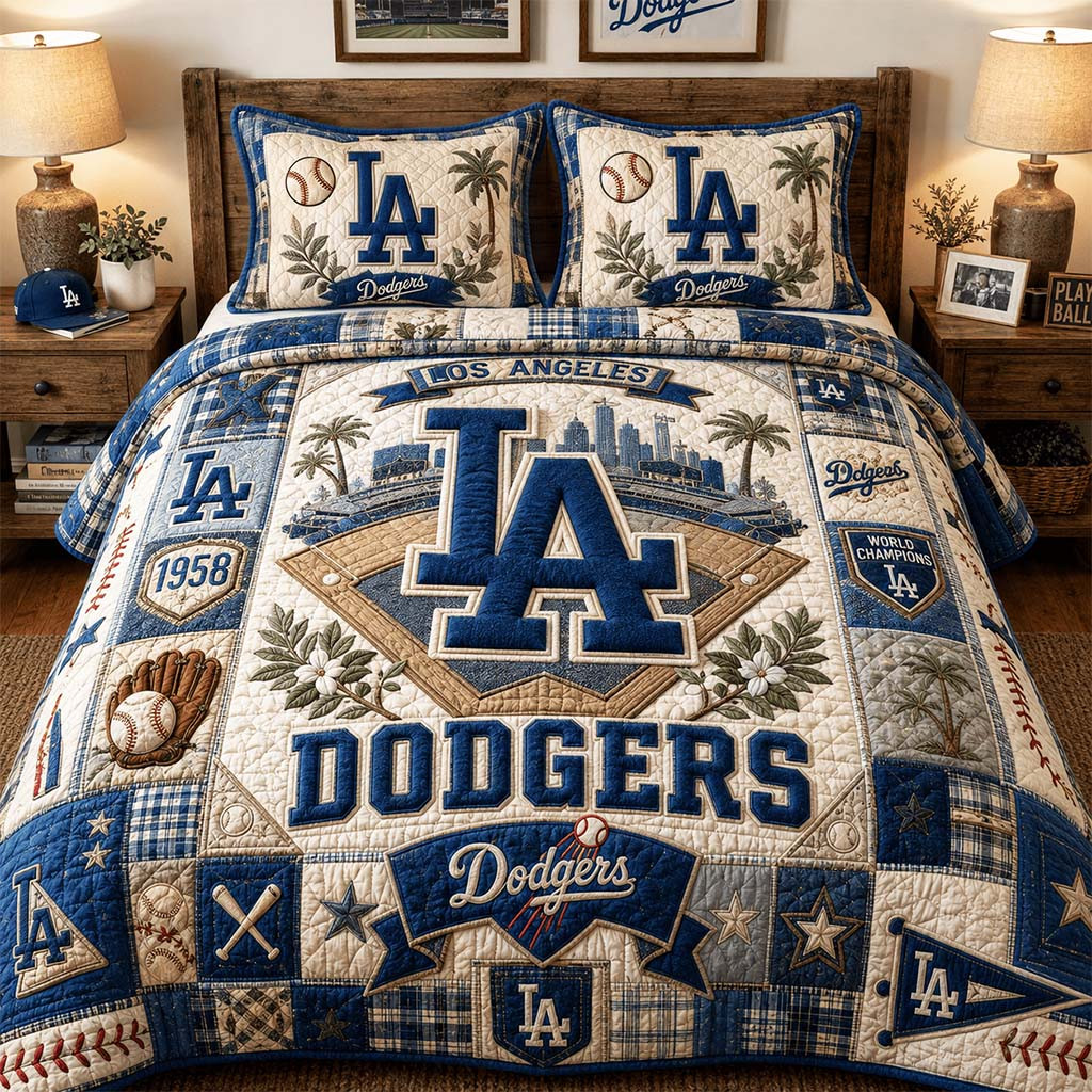LA Dodgers Baseball Quilt Bedding Set Los Angeles Dodgers Merch Gifts For Baseball Fans - Kdjoy
