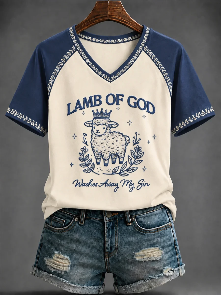 Lamb Of God Washes Away My Sin V-Neck Shirt Faith Based Clothing Gift For Her - Kdjoy