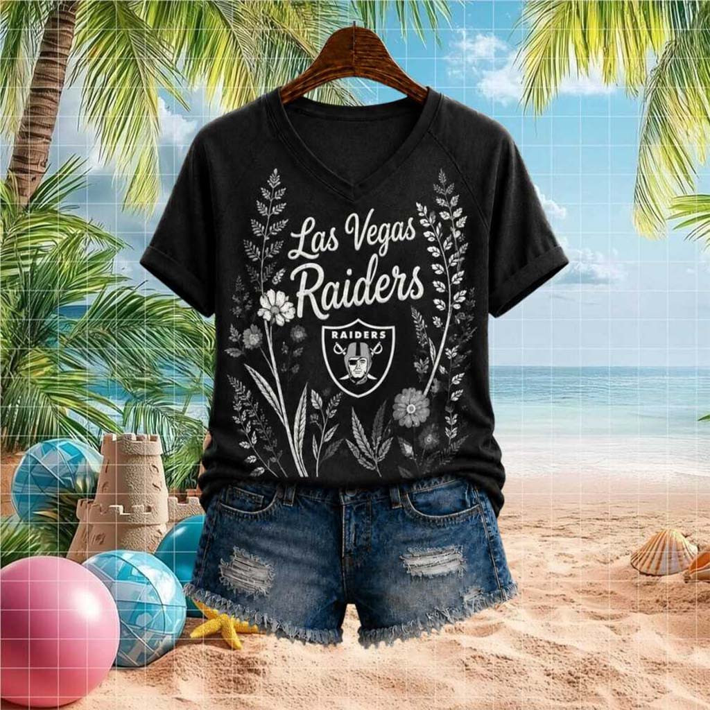 Las Vegas Raiders Floral Team Logo Graphic V-Neck Shirt LV Raiders Merch Present For Sisters - Kdjoy