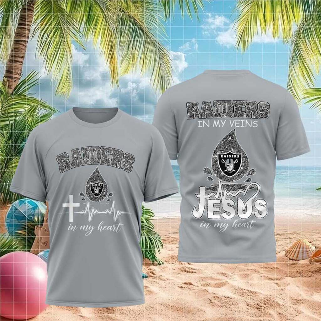 Las Vegas Raiders Jesus In My Heart Cross Shirt LV Raiders Merch Unique Gifts For Football Fan - Kdjoy