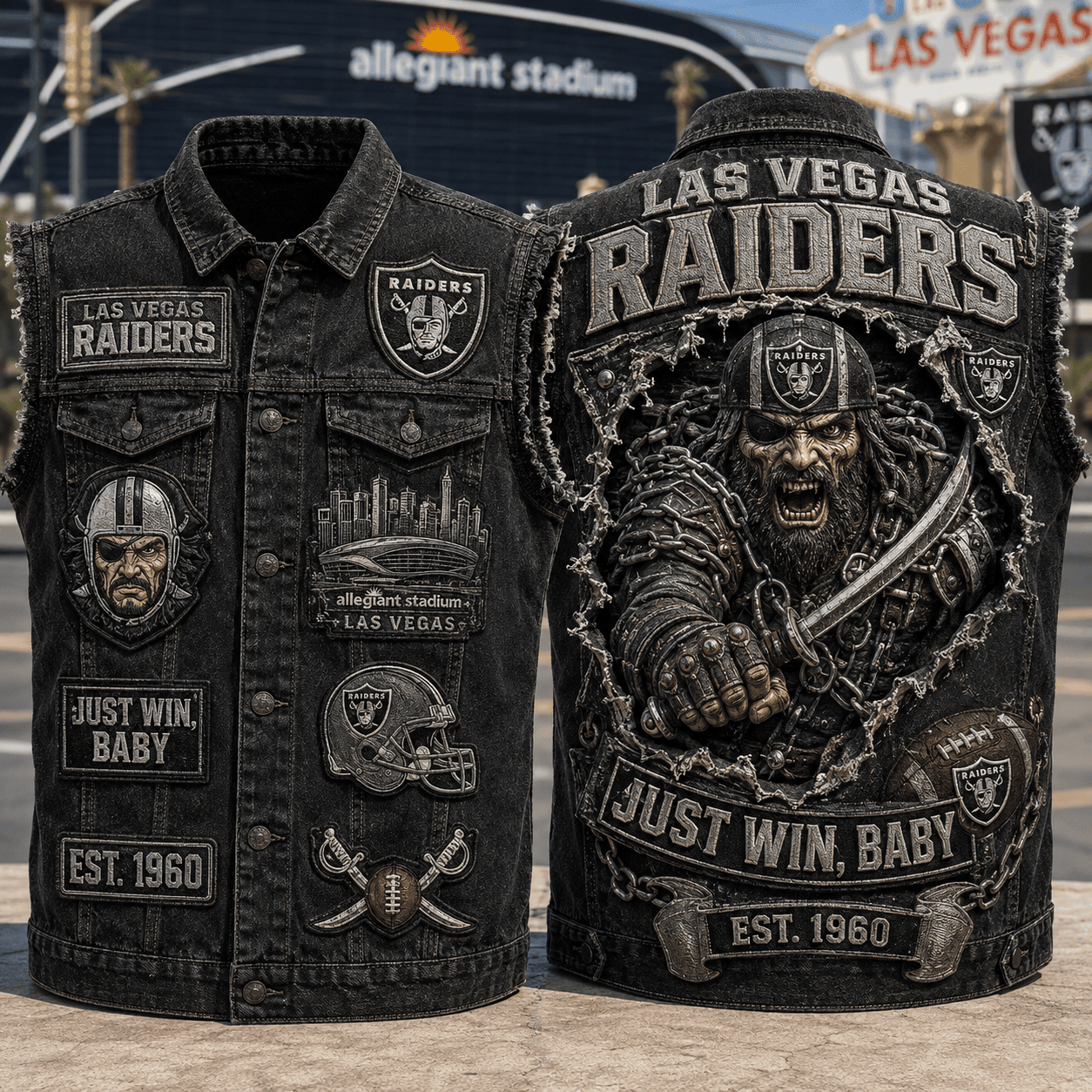 Las Vegas Raiders Just Win Baby Est 1960 Denim Vest LV Raiders Merch Gifts For Brother - Kdjoy Las Vegas Raiders Just Win Baby Est 1960 Denim Vest LV Raiders Merch Gifts For Brother - Kdjoy