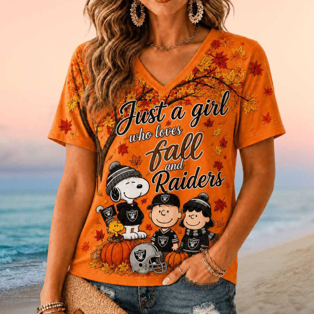 Las Vegas Raiders Snoopy Peanuts Fall Autumn V-Neck Shirt Raiders Merch Gifts For Wife - Kdjoy