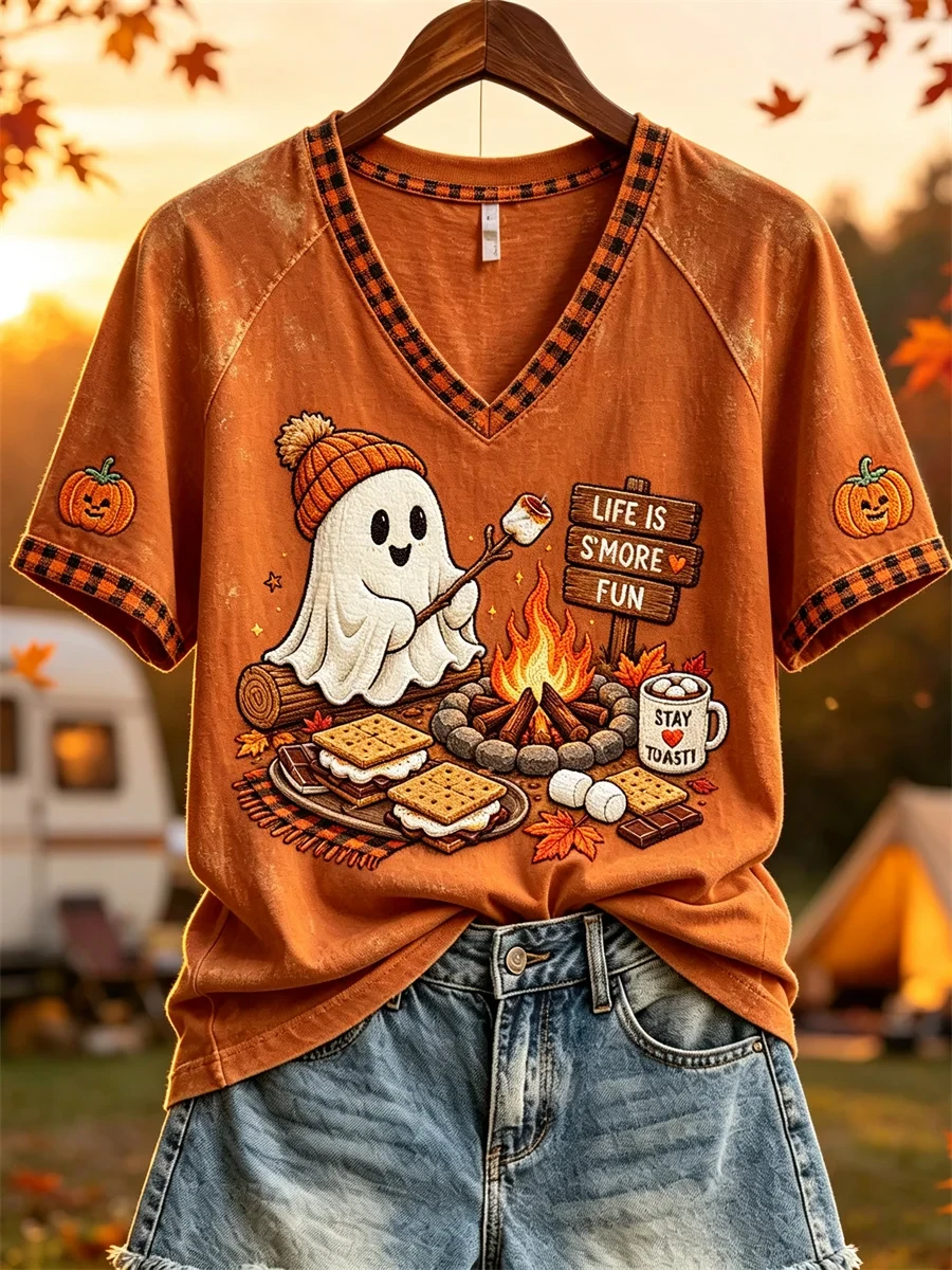 Life Is S'more Fun Halloween Ghost Fall Camping V-Neck Shirt Autumn Attire Cute Halloween Gift - Kdjoy