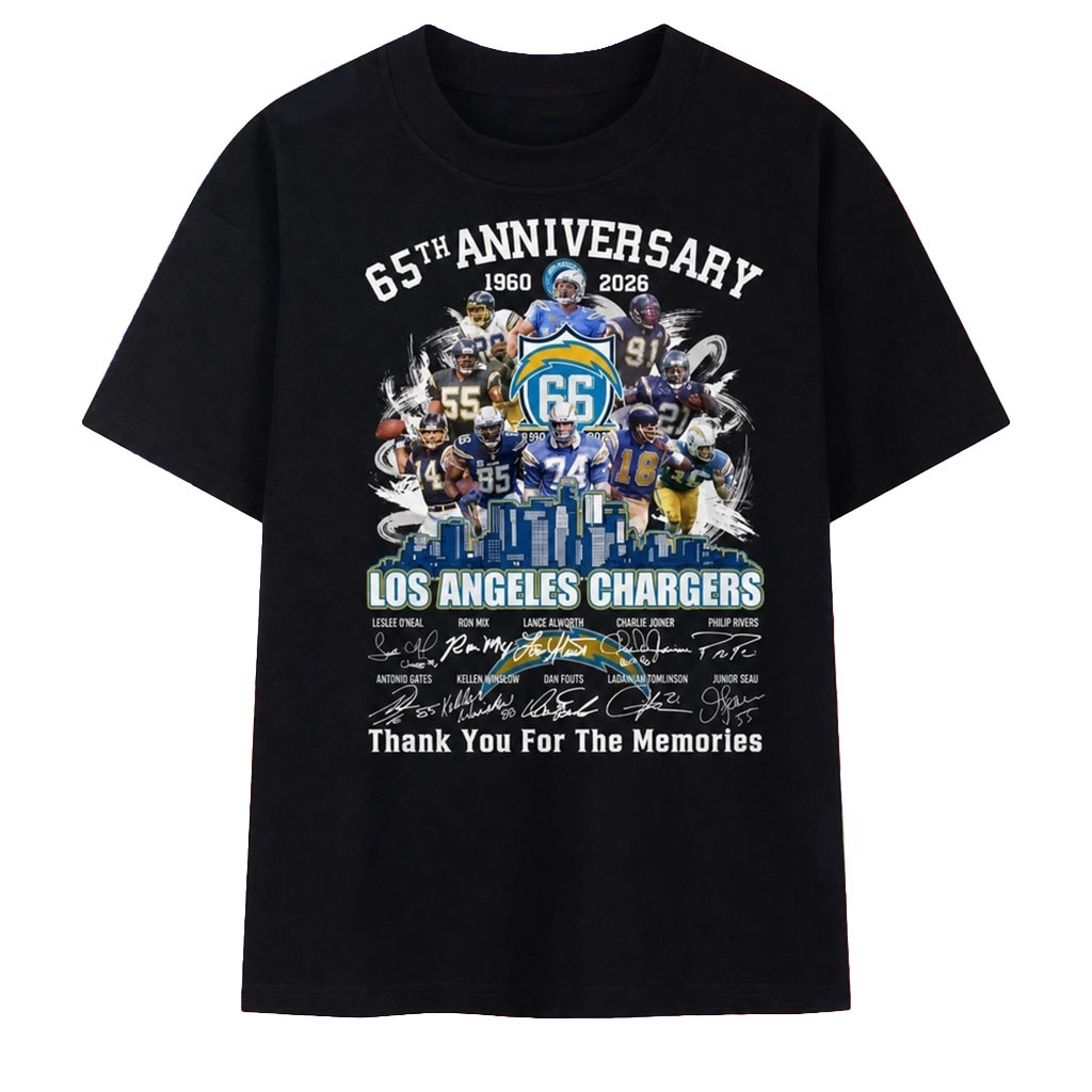 Los Angeles Chargers 65th Anniversary 1960 2025 Legends Signatures T-Shirt Chargers Merch - Kdjoy Los Angeles Chargers 65th Anniversary 1960 2025 Legends Signatures T-Shirt Chargers Merch - Kdjoy