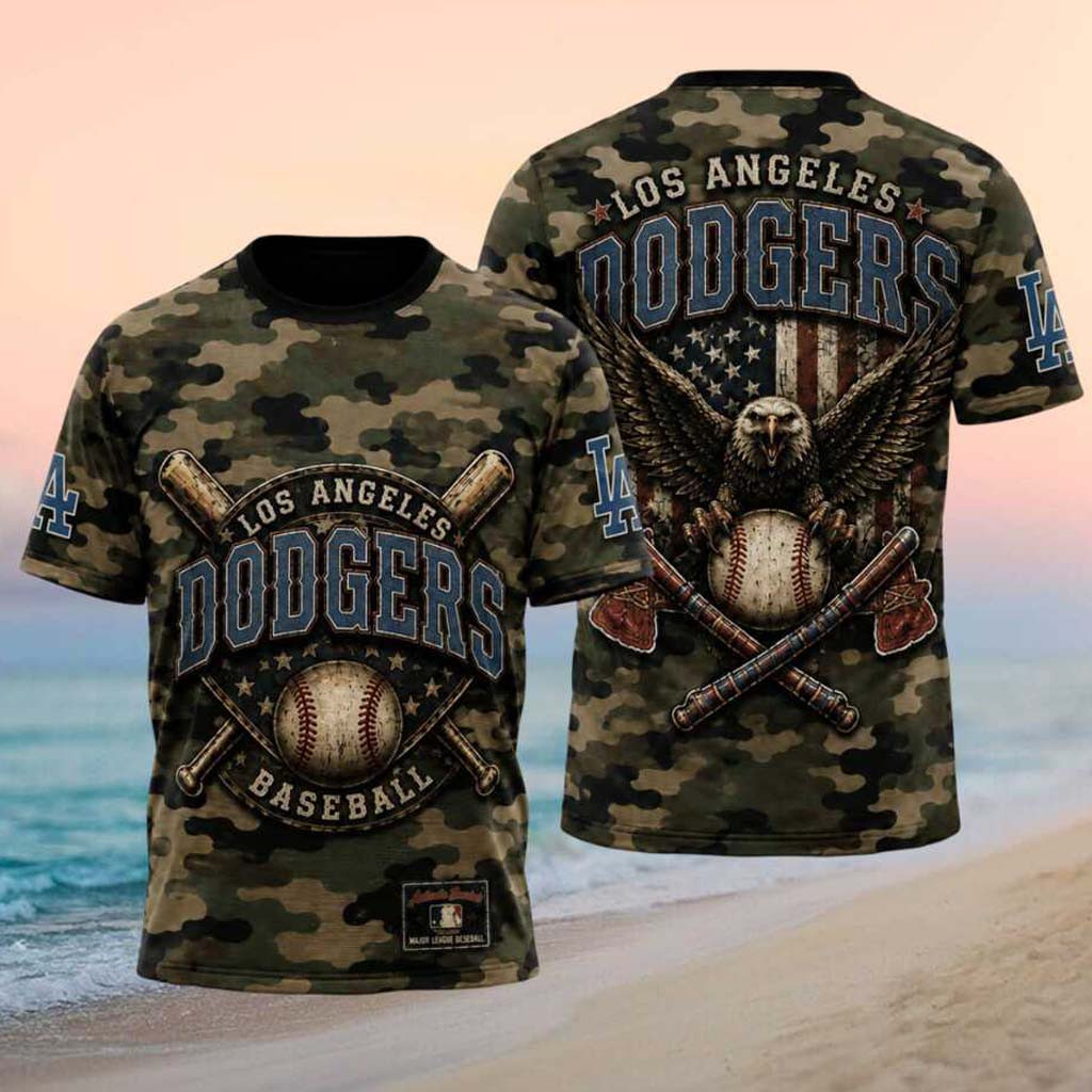 Los Angeles Dodgers Eagle American Flag Camo Baseball T-Shirt LA Dodgers Merch Game Day Gifts