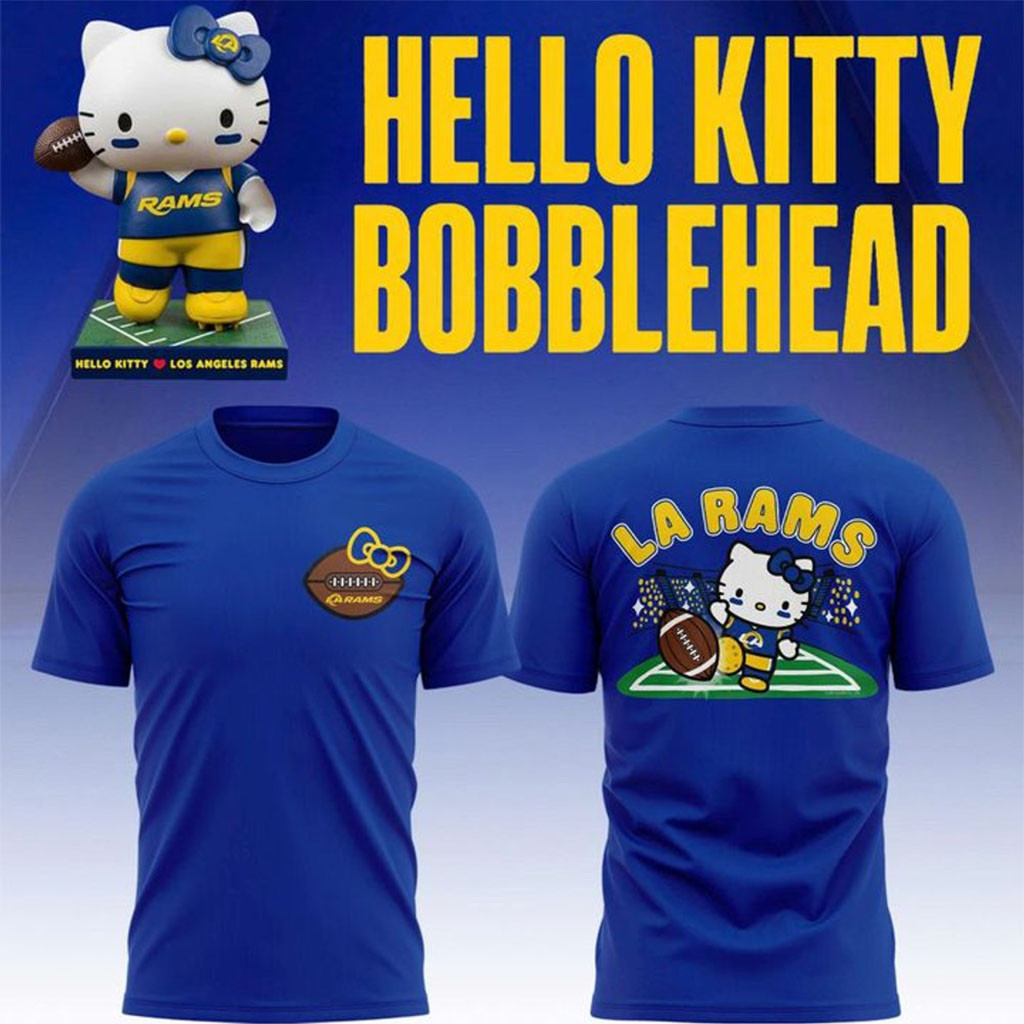 Los Angeles Rams Hello Kitty Bobblehead 2026 T-Shirt LA Rams Merch Cute Gift For Football Fans - Kdjoy Los Angeles Rams Hello Kitty Bobblehead 2026 T-Shirt LA Rams Merch Cute Gift For Football Fans - Kdjoy