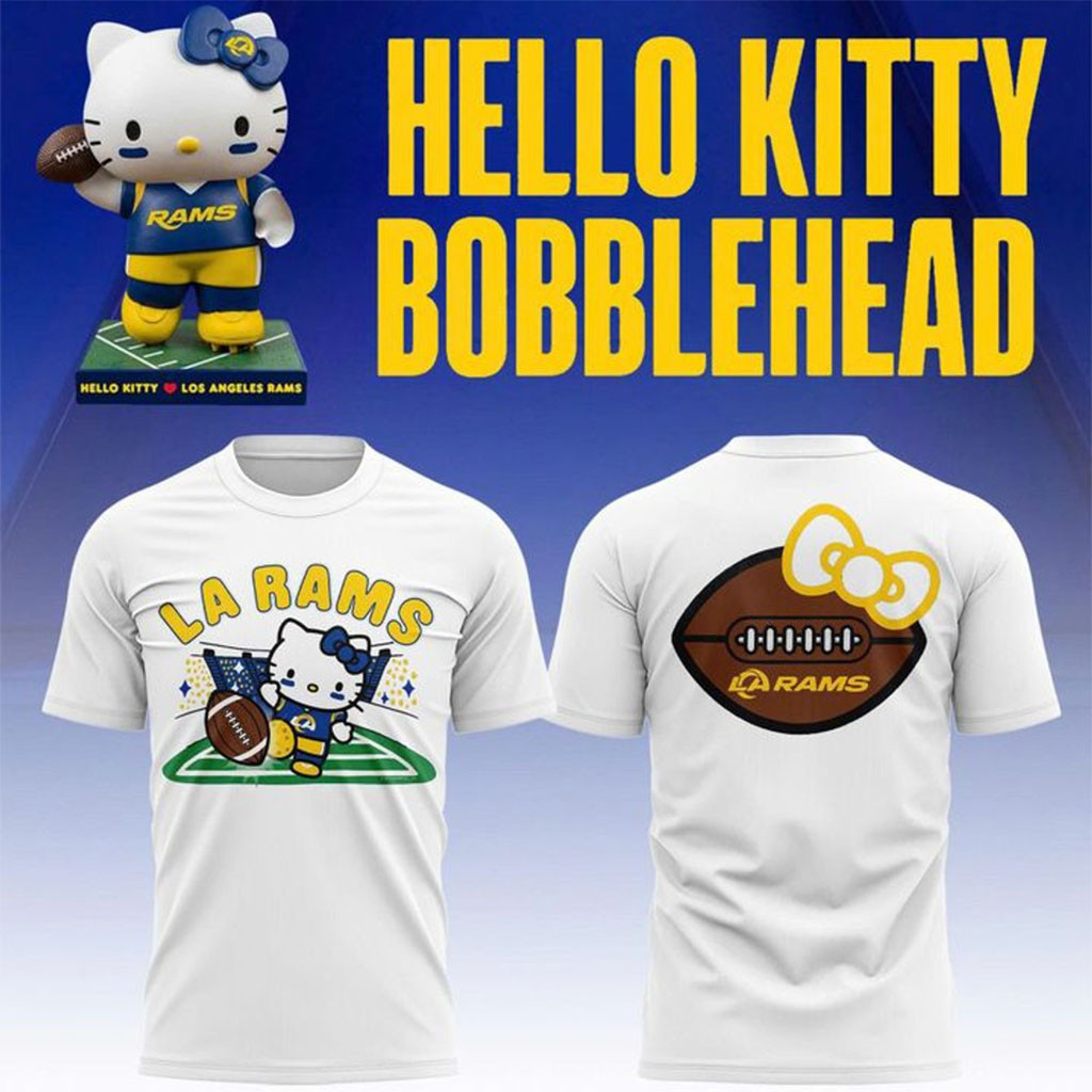 Los Angeles Rams Hello Kitty Bobblehead 2026 T-Shirt White LA Rams Merch Football Fan Present - Kdjoy Los Angeles Rams Hello Kitty Bobblehead 2026 T-Shirt White LA Rams Merch Football Fan Present - Kdjoy
