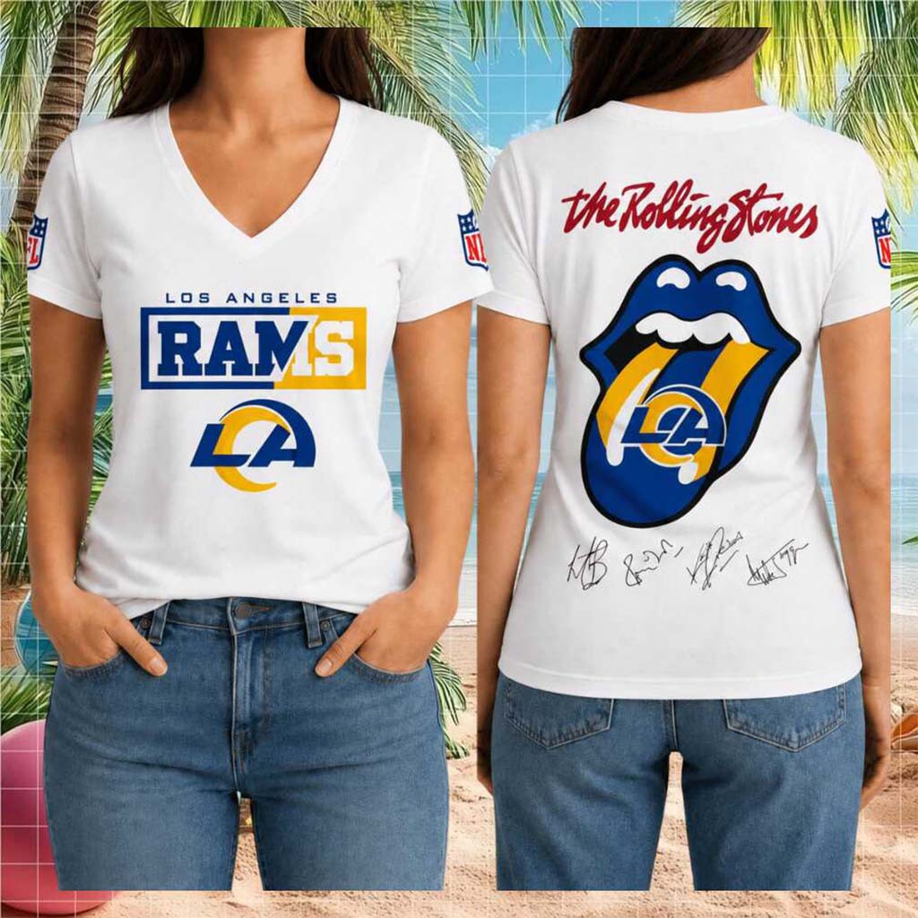 Los Angeles Rams Rolling Stones Tongue Logo V-Neck Shirt LA Rams Merch Gifts For Mom - Kdjoy