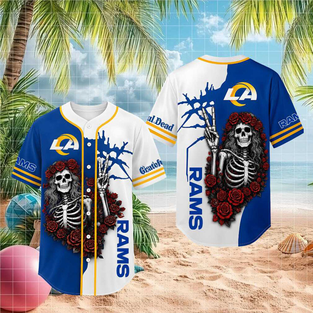 Los Angeles Rams Skeleton Grateful Roses Baseball Jersey Rams Merch Gifts For Husband - Kdjoy