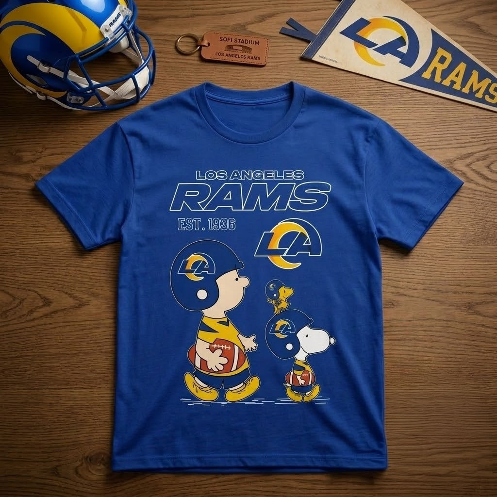 Los Angeles Rams X Peanuts Charlie Brown Snoopy Football T-Shirt LA Rams Merch Fan Gifts - Kdjoy Los Angeles Rams X Peanuts Charlie Brown Snoopy Football T-Shirt LA Rams Merch Fan Gifts - Kdjoy