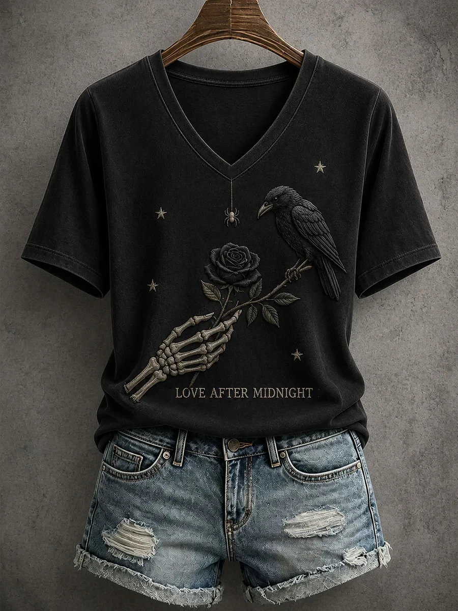 Love After Midnight V-Neck Shirt Gothic Raven Skeleton Hand Black Rose Shirt Gifts For Husband - Kdjoy