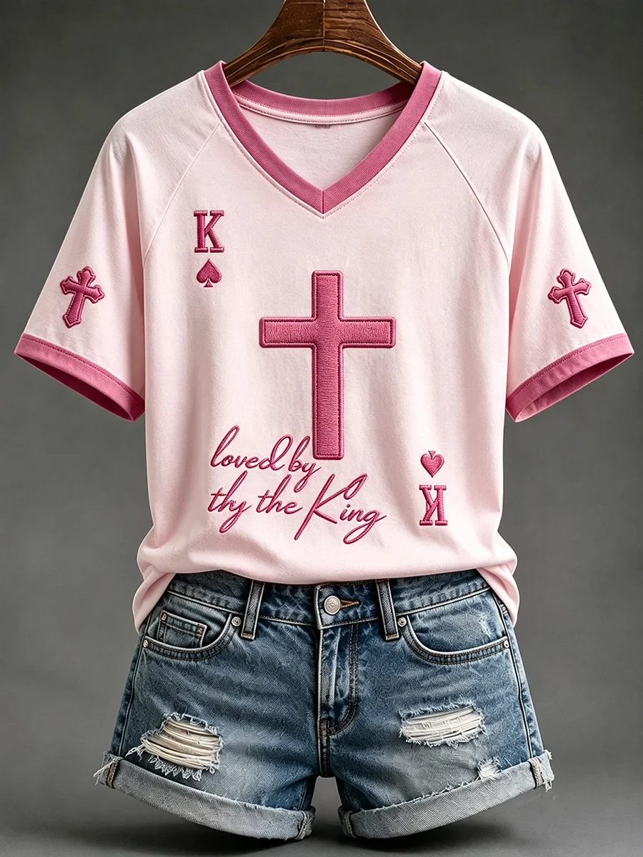 Loved By The King Faith Cross V-Neck Shirt Christian Apparel Cute Gifts For Her - Kdjoy