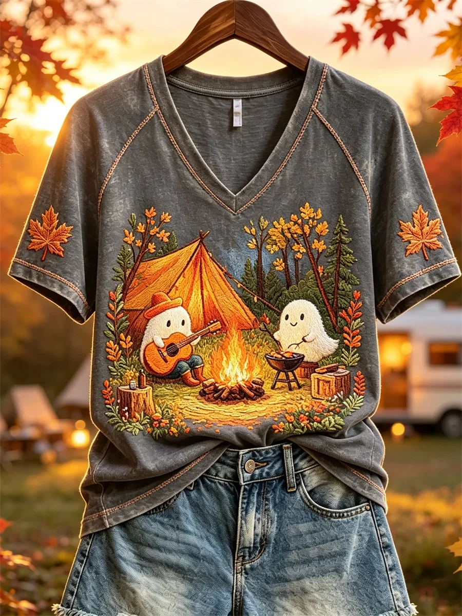 Lovely Camping Ghosts Fall Forest V-Neck Shirt Cute Halloween Apparel Gift For Campers - Kdjoy Lovely Camping Ghosts Fall Forest V-Neck Shirt Cute Halloween Apparel Gift For Campers - Kdjoy