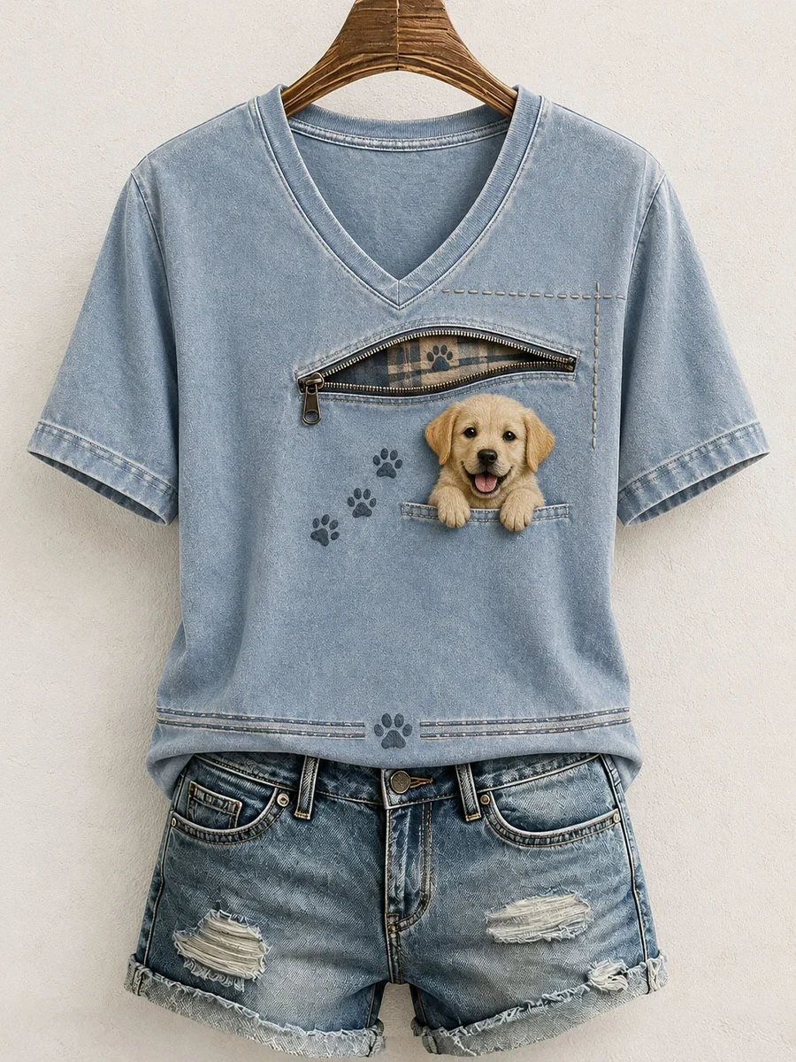 Lovely Golden Retriever Art V-Neck Shirt Cute Dog Shirts Gifts For Golden Retriever Lover - Kdjoy