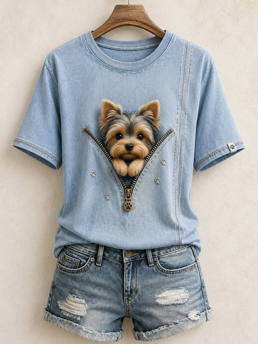 Lovely Yorkshire Terrier Felt Art T-Shirt Cute Animal Apparel Gift For Dog Lovers - Kdjoy