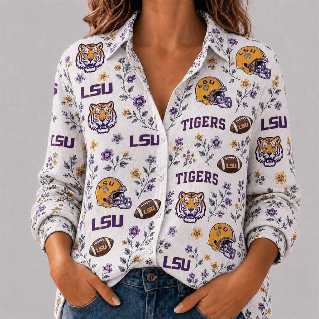 LSU Tigers College Spirit Blossoms Long Sleeve Button Up Shirt LSU Tigers Merch Fans Gifts - Kdjoy LSU Tigers College Spirit Blossoms Long Sleeve Button Up Shirt LSU Tigers Merch Fans Gifts - Kdjoy