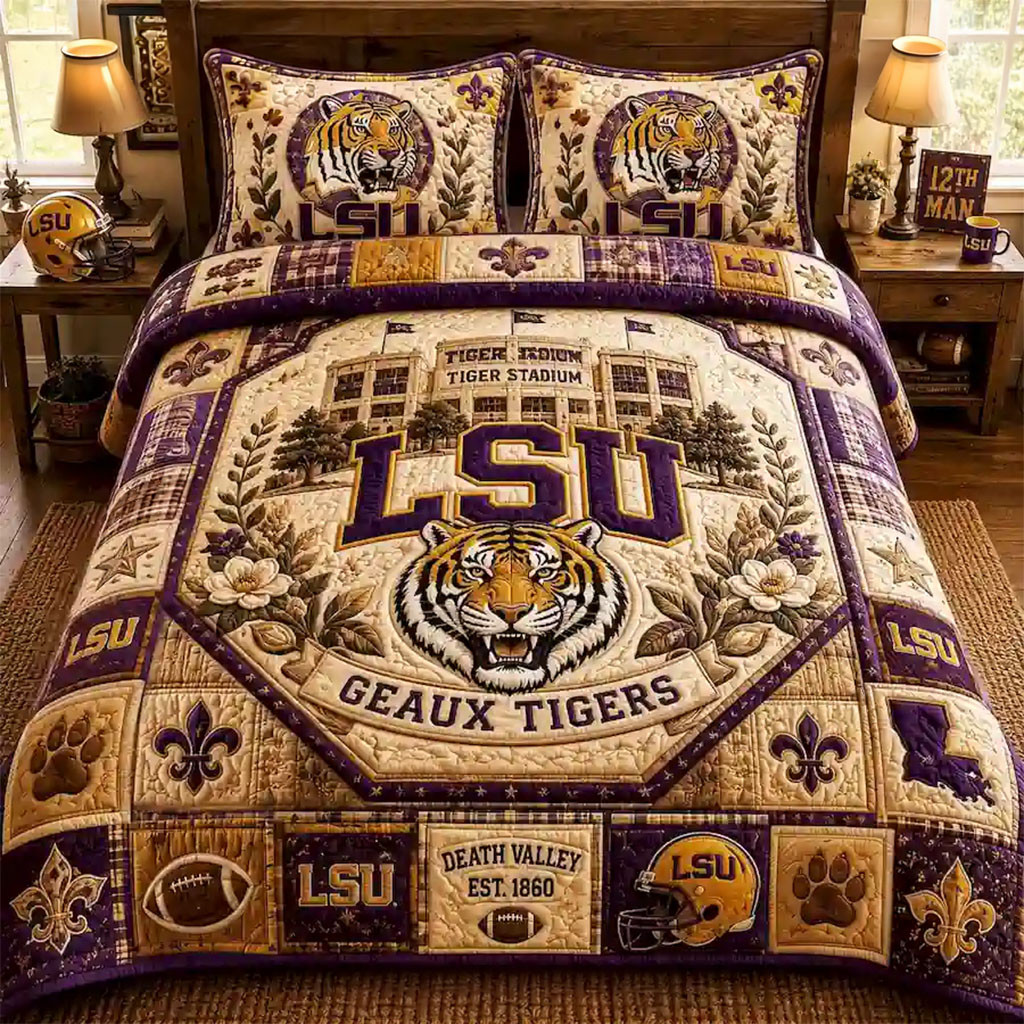 LSU Tigers Geaux Tigers Quilt Bedding Set LSU Tigers Merch Present For Football Lovers - Kdjoy