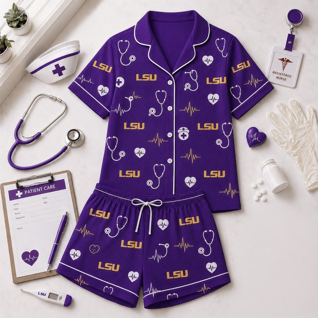LSU Tigers Heartbeats And Home Teams Short Sleeve Pajamas Set LSU Tigers Merch Sister Gifts - Kdjoy
