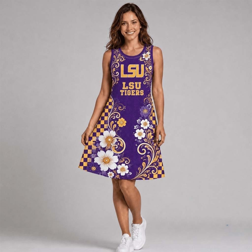 LSU Tigers Sporty Floral Elegance Women's Sleeveless Dress Tigers Merch Gifts For Football Fans - Kdjoy