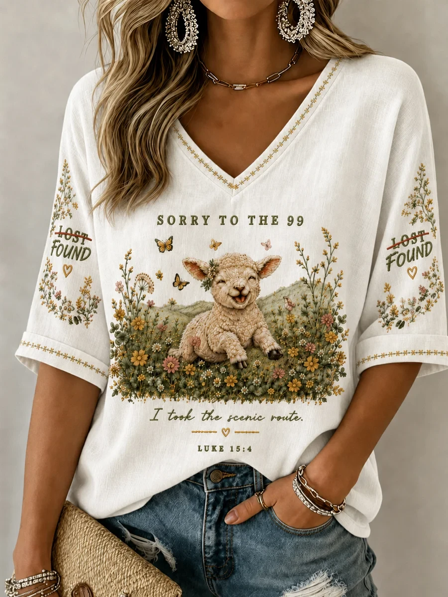Luke 15 4 Lost Sheep Cropped Sleeve V-Neck Shirt Sorry To The 99 I Took The Scenic Route Clothing - Kdjoy
