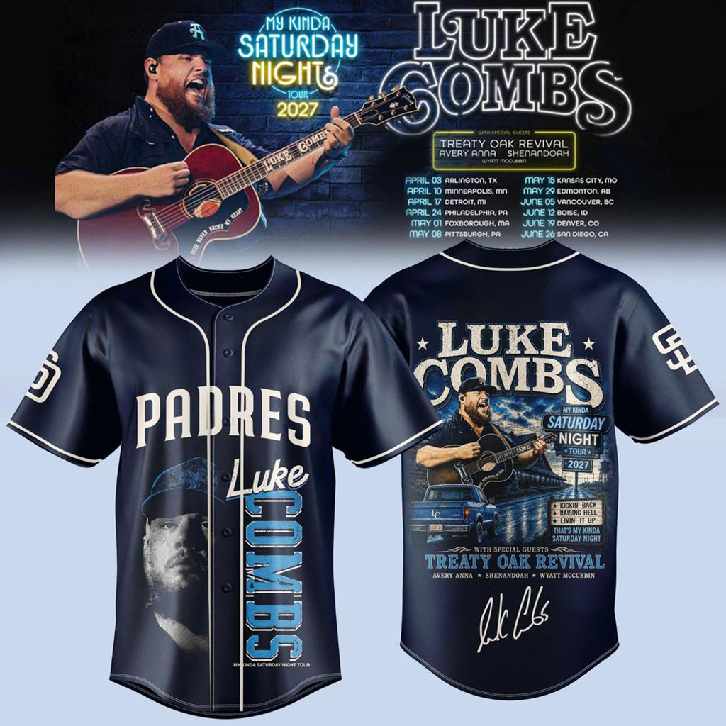 Luke Combs x San Diego Padres My Kinda Saturday Night Tour 2027 Baseball Jersey Luke Combs Merch - Kdjoy Luke Combs x San Diego Padres My Kinda Saturday Night Tour 2027 Baseball Jersey Luke Combs Merch - Kdjoy