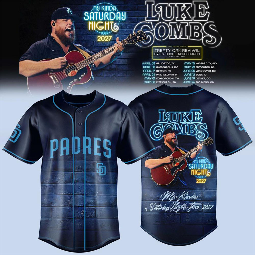 Luke Combs x San Diego Padres My Kinda Saturday Night Tour 2027 Baseball Jersey Padres Merch - Kdjoy Luke Combs x San Diego Padres My Kinda Saturday Night Tour 2027 Baseball Jersey Padres Merch - Kdjoy